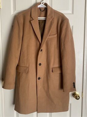 TOPMAN NWOT Wool Blend Tan Overcoat Mens L Mid-Length Lined Notch Collar Button